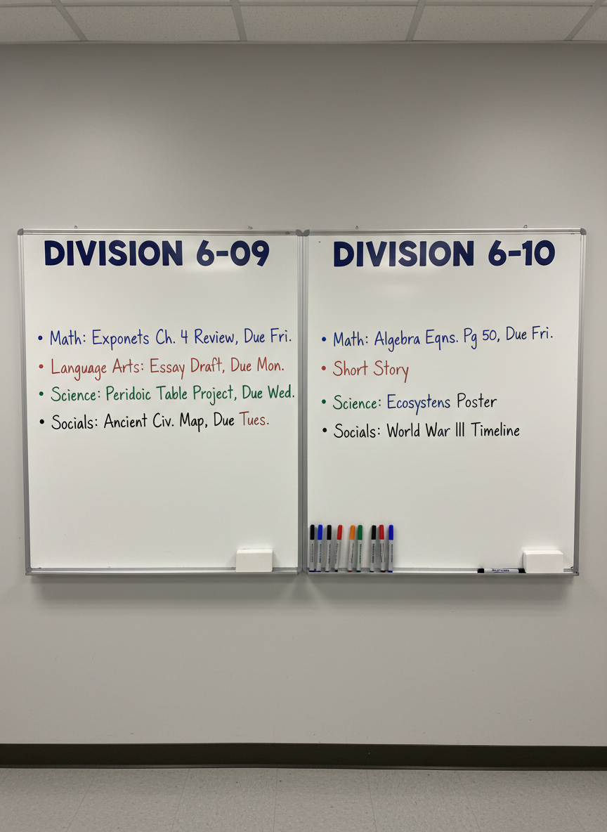 Two adjacent classroom whiteboards mounted on a clean, pale-gray wall, each crisply labeled at the top with printed headings “Division 6-09” and “Division 6-10” in bold school-style lettering. Under each heading, neatly written homework subjects—Math, Language Arts, Science, Socials—are listed in different colored dry-erase markers with bullet points and due dates. Below the boards sits a slim ledge holding markers and a fresh eraser. Overhead fluorescent lights provide even, neutral illumination, creating minimal shadows and a clear, distraction-free view. Shot straight on in photographic realism, with sharp focus across the entire frame, the mood is organized, professional, and structured, perfectly capturing a middle school homework and schedule hub.