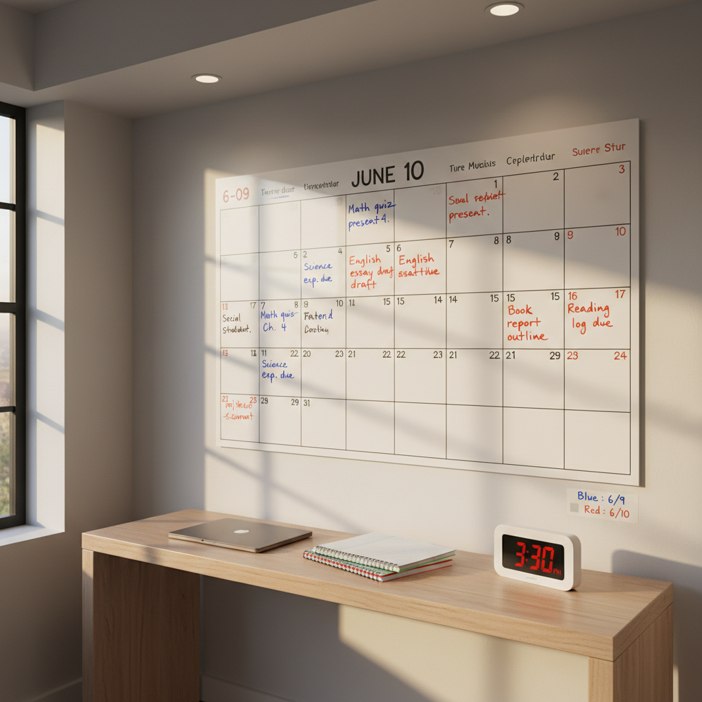 A large, wall-mounted monthly calendar designed for middle school homework planning, its glossy laminated surface divided into tidy squares filled with legible handwritten notes like “Math quiz,” “Reading log,” and “Project due.” Different colored pens distinguish 6-09 and 6-10 entries, with a subtle key at the bottom right. The calendar hangs above a smooth, light-wood console where a closed Chromebook, a stack of lined notebooks, and a digital alarm clock showing 3:30 PM are arranged. Natural late-afternoon light streams from the left, balanced by soft overhead lighting, creating a bright, focused workspace. Captured from a slightly elevated, three-quarter angle in photographic realism, the image feels professional, organized, and reassuringly structured for students and families managing homework.